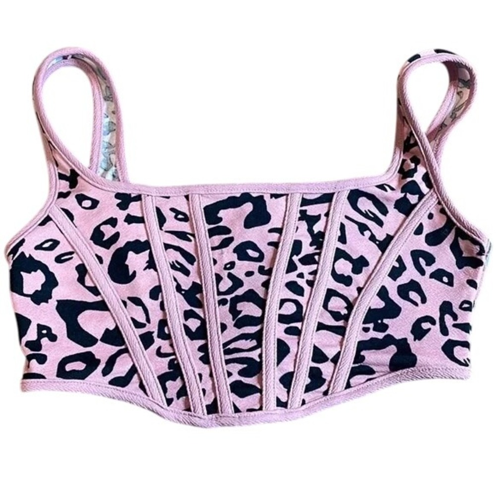 Shein Leopard Ribbed Crop Top, Zip up, Pink/Black, y2k Baddie Corset, 6- Small